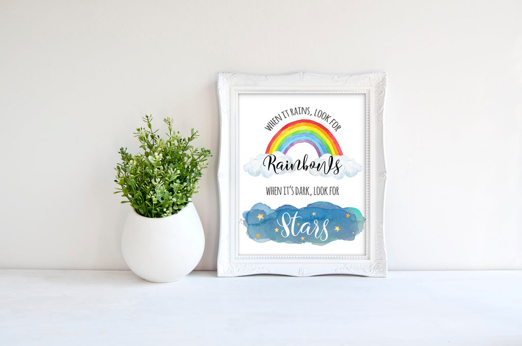 Kids Inspiring Wall Art, when it rains look for rainbows printable, when it rains wall art print, Rainbow-themed home decor with positive saying