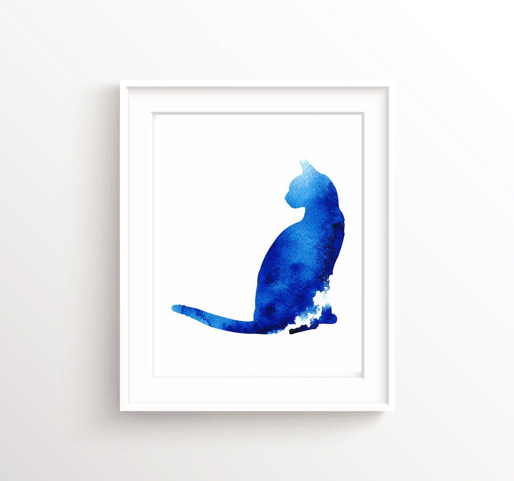 Watercolour Cat Prints, Watercolour Cat Picture, Watercolour Cat Art, Whimsical blue and indigo cat poster, blue feline painting