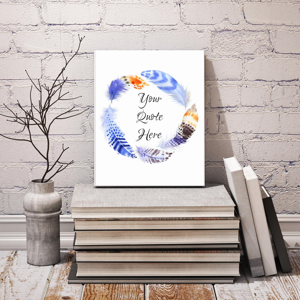 UK-made custom quote print in 12 beautiful fonts, round feather wall art, feather circle wall decor, custom quote poster