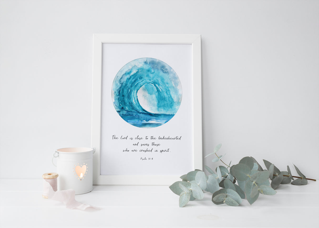 Watercolor Ocean Wave Wall Art, Grief Gift Christian, Printable Bible Verse Prints Man, Psalm 34 Print, Psalm 34 18 Art