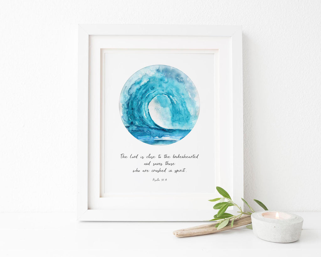 The Lord is Close to the Broken Hearted Print, Psalm 34 18 Wall Art, Watercolor Ocean Wave Wall Art, Bible Grief Gift 