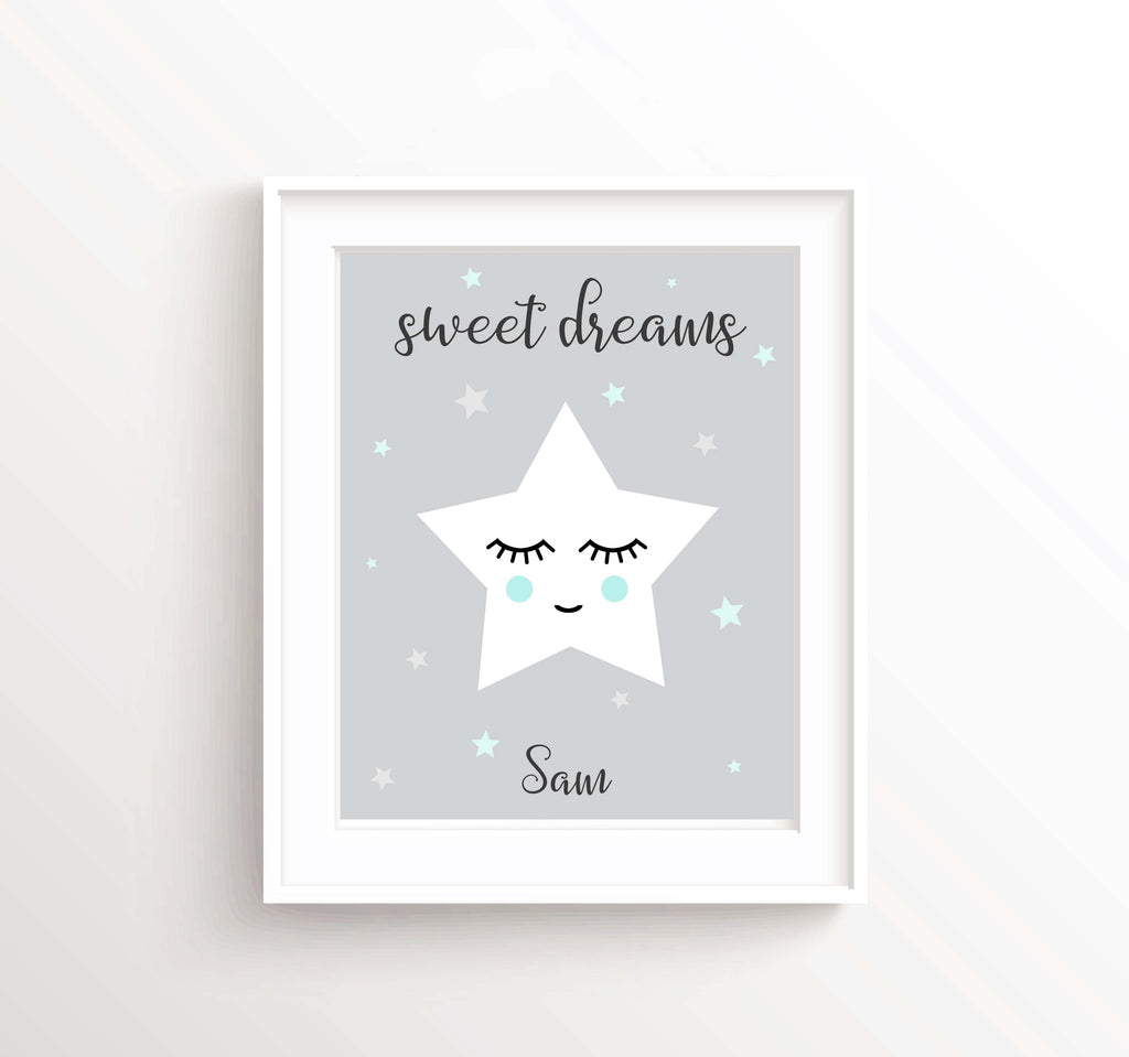 Personalised grey and white star nursery wall art, Sweet dreams print for grey and white star nursery decor, star nursery art