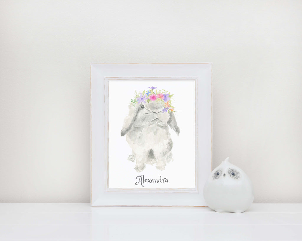 personalised rabbit print, personalised rabbit art, flower crown bunny print, bunny flower crown art, personalised kids
