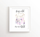 Stay Wild Moon Child Print, Watercolour Nursery Prints, Watercolour Nursery Art, Tribal Nursery Decor, Inspirational turquoise or pink prints