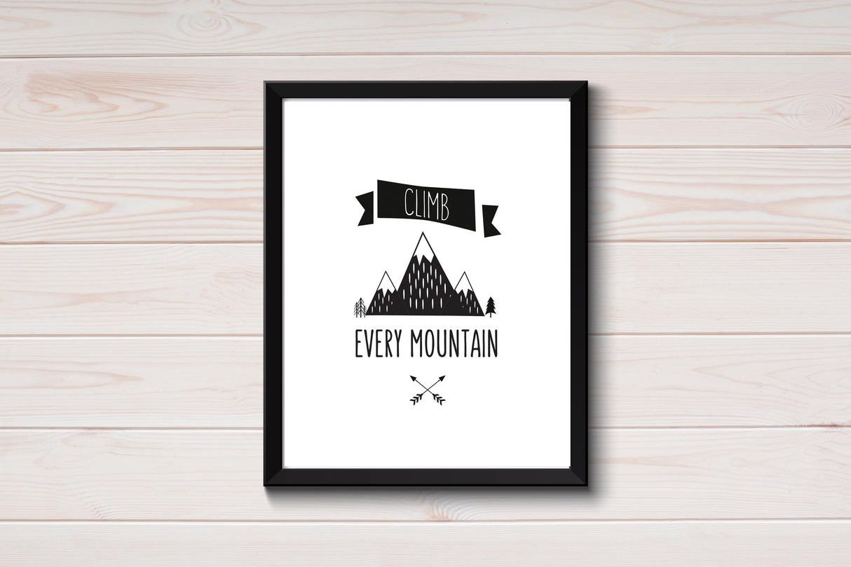 adventure wall art nursery, adventure wall art poster, boys nursery decor, Encouraging wall art with 'Climb Every Mountain' for baby boy nursery