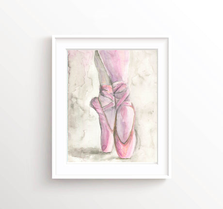 'Ballet Shoes' Pretty Pink And Grey Ballerina Slippers Wall Art Print, Feminine Bedroom Decor, Pointe Shoes Girls Dance Room Art