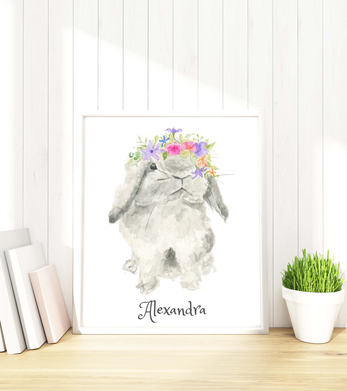 bunny with flower crown drawing, bunny with a flower, watercolour bunny images, watercolour bunny print, 