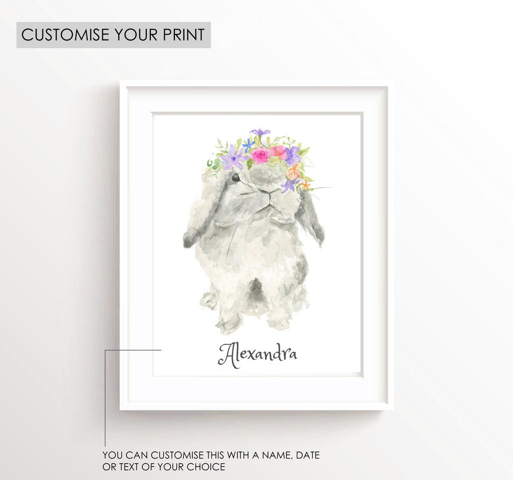 watercolour bunny illustration, watercolour bunny paintings, bunny watercolour drawing, personalised kids wall art