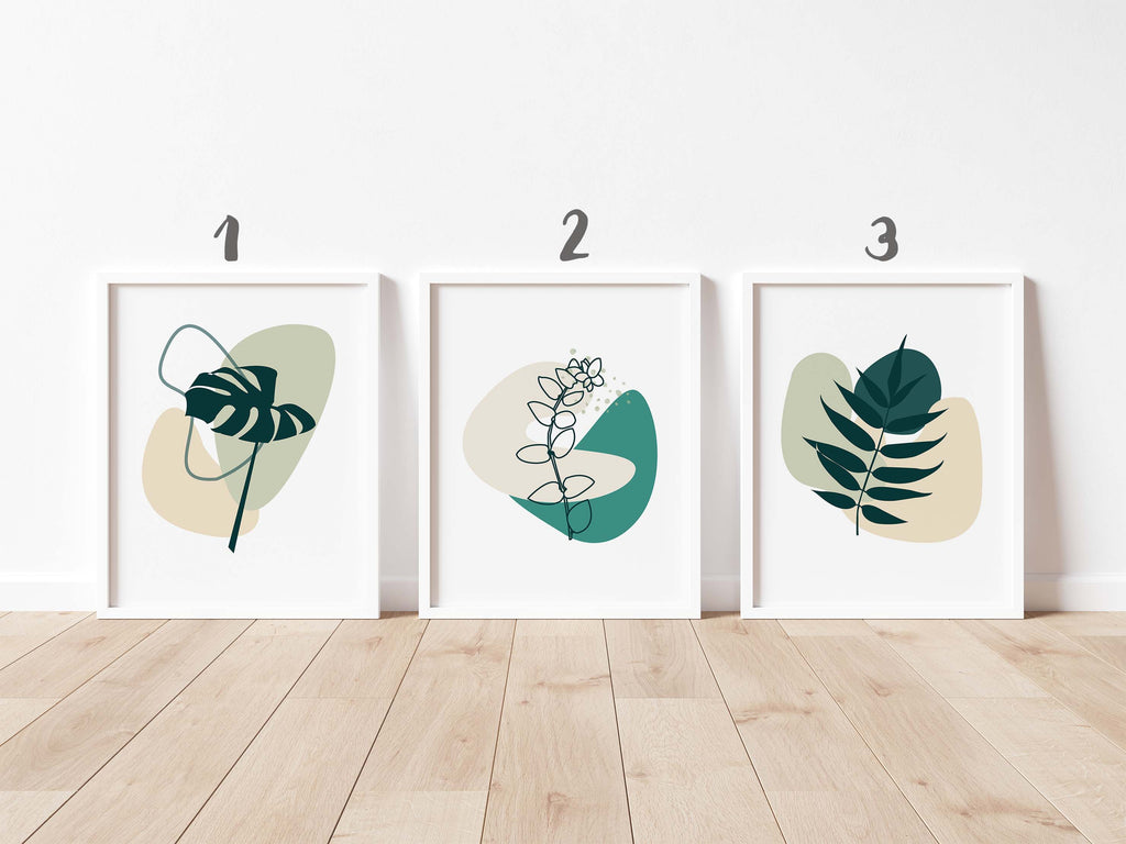 Set of 6 modern botanical line art prints, Botanical wall art in jade and sage green, Minimalist plant art in shades of green
