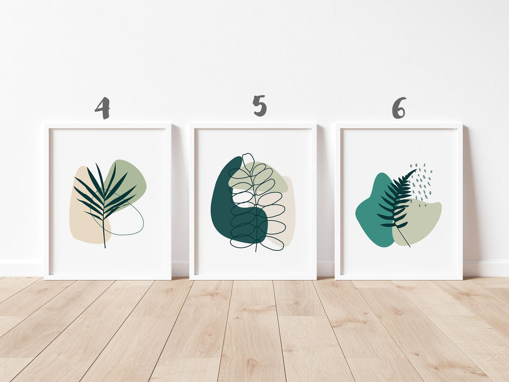 Contemporary botanical prints in green tones, Green botanical wall decor for modern interiors, Sage green minimalist herb prints