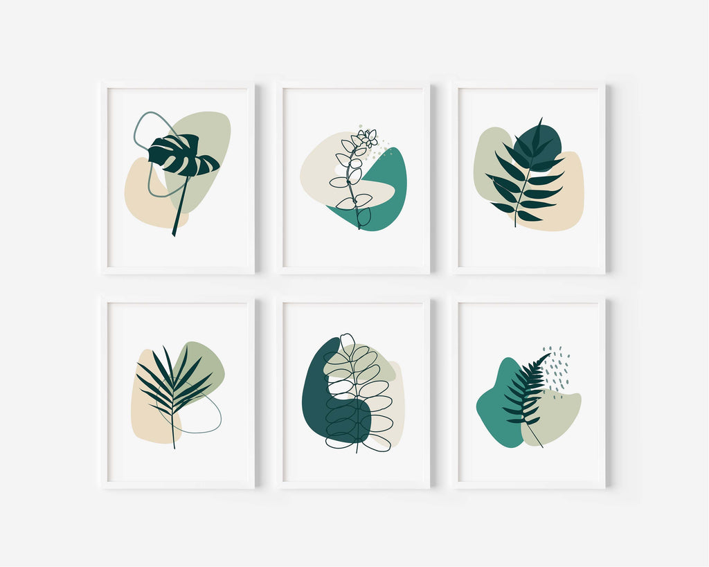 Set of 6 green botanical prints for gallery walls, Minimalist herb drawings in shades of green, Contemporary sage green plant artwork 