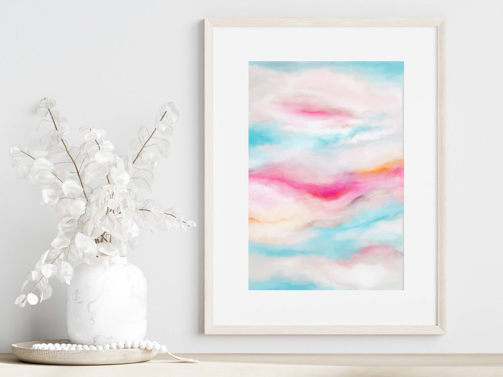 Sky wall art with a pop of color, Stunning abstract clouds print for any space, Handmade sky art in pink, turquoise, and yellow