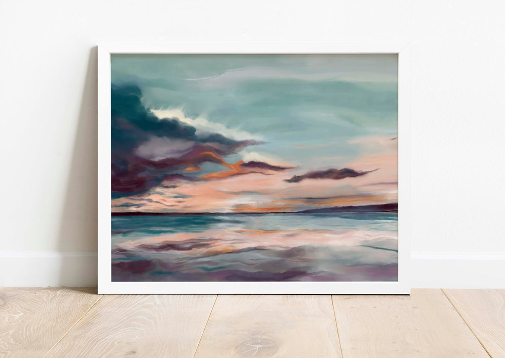 Modern Art Seascape Abstract, Contemporary Abstract Seascapes Decor, Abstract seascape wall art in teal, orange, and purple