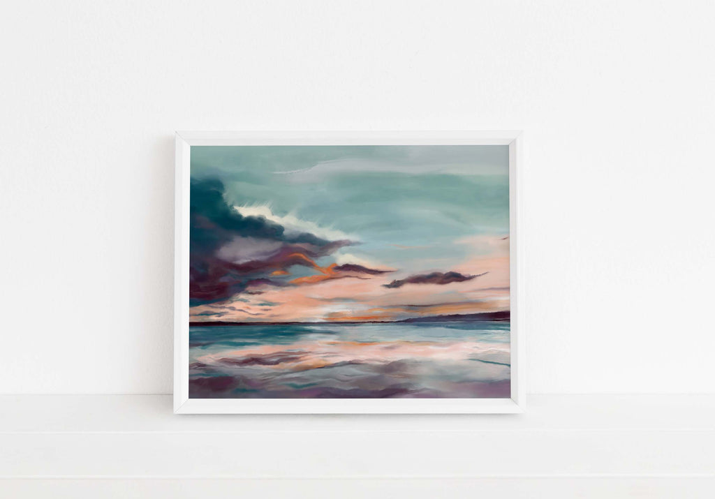 Contemporary teal, orange, and purple seascape art, Seascape wall art with a pop of color, Contemporary seascape art in bold colors