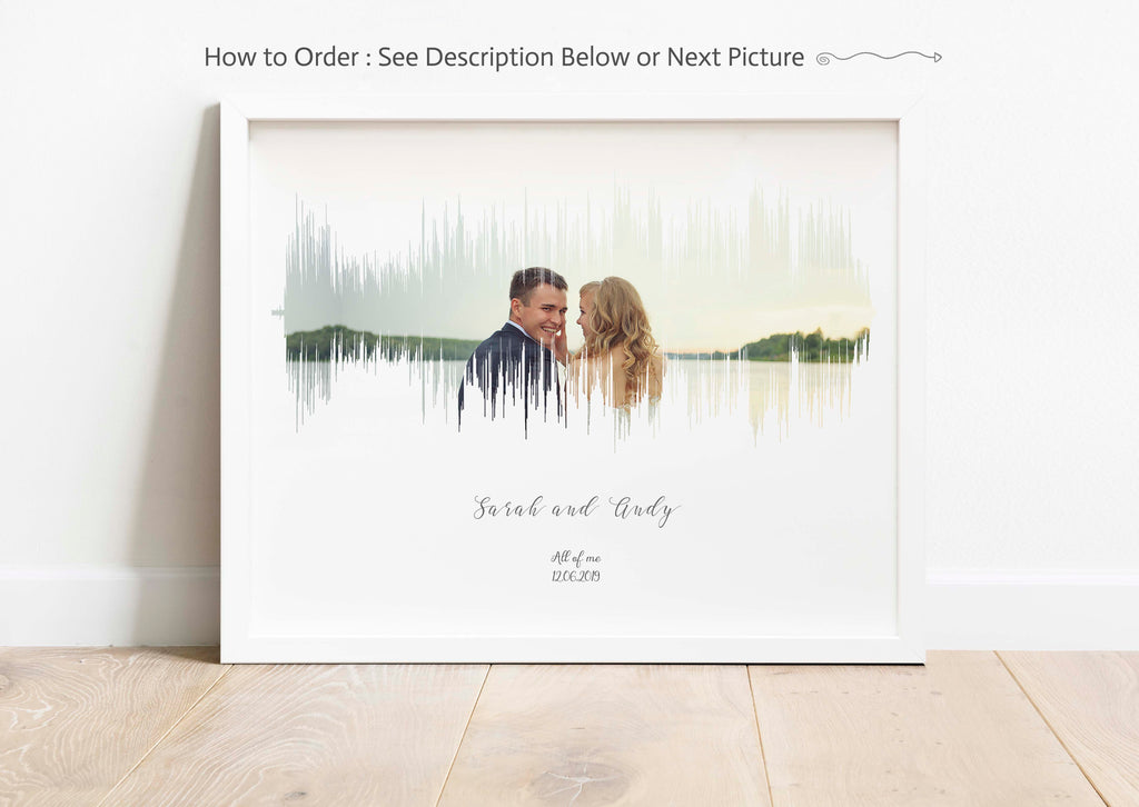 Personalised Sound Wave Art Print with Photo Background, Custom soundwave print with photo and personalized text, soundwave art