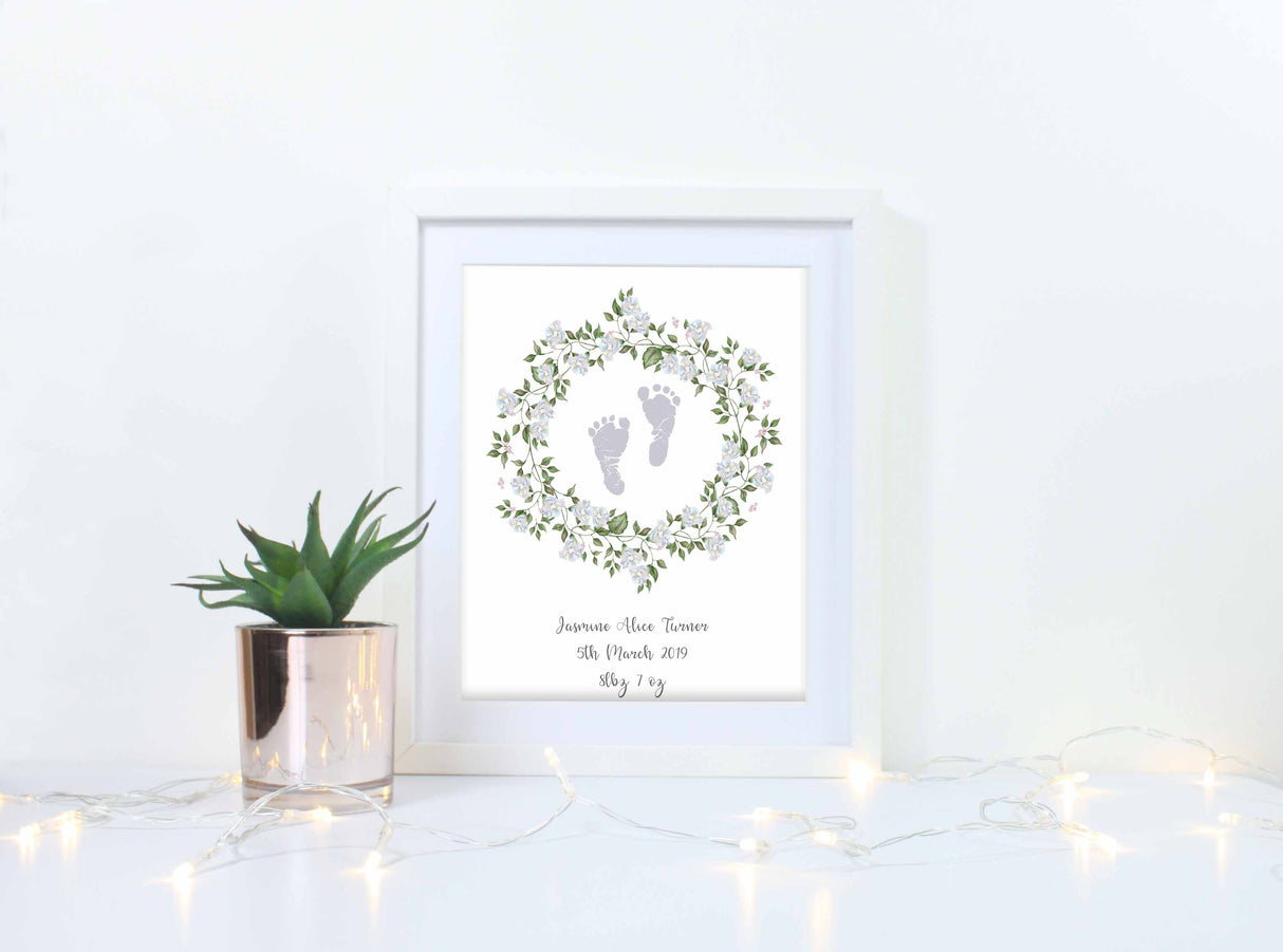 Personalised Baby Birth Keepsake Gift, Baby Footprint Wall Art Print