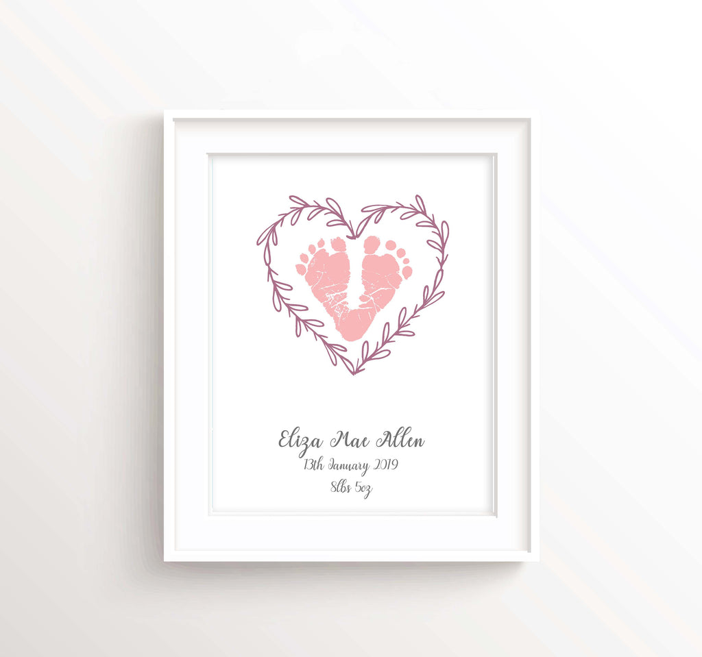 Personalised Birth Details Print featuring your baby's own footprints! Customised to your colour specifications!