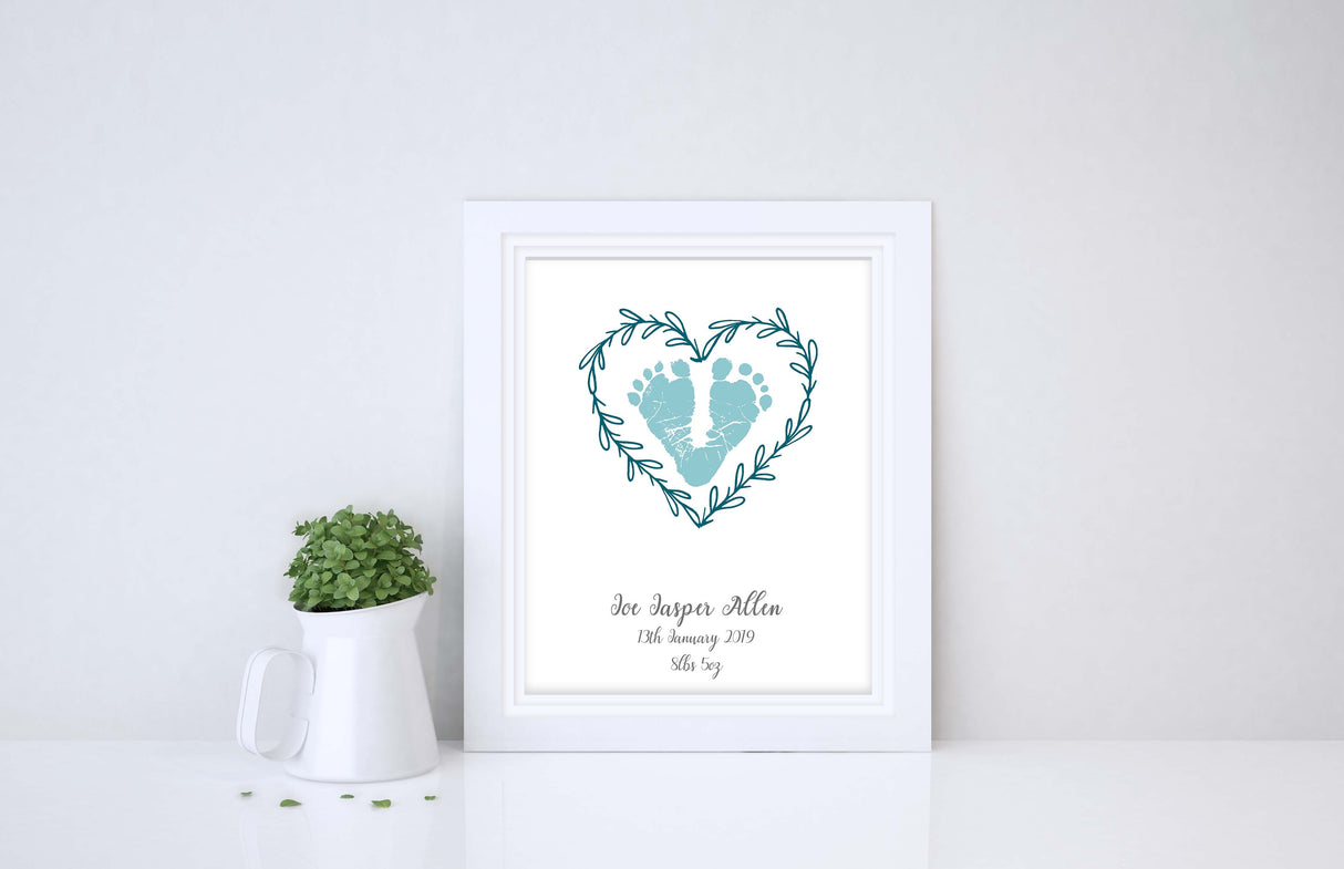 unique baby boy nursery decor idea, personalised baby footprint birth details print