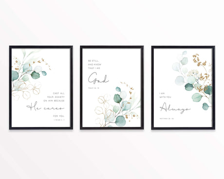 Scripture Print Set, Botanical Print Set of 3, Green Eucalyptus Print Bible Verses, Christian Prints Kitchen Decor, New Modern Christian Art