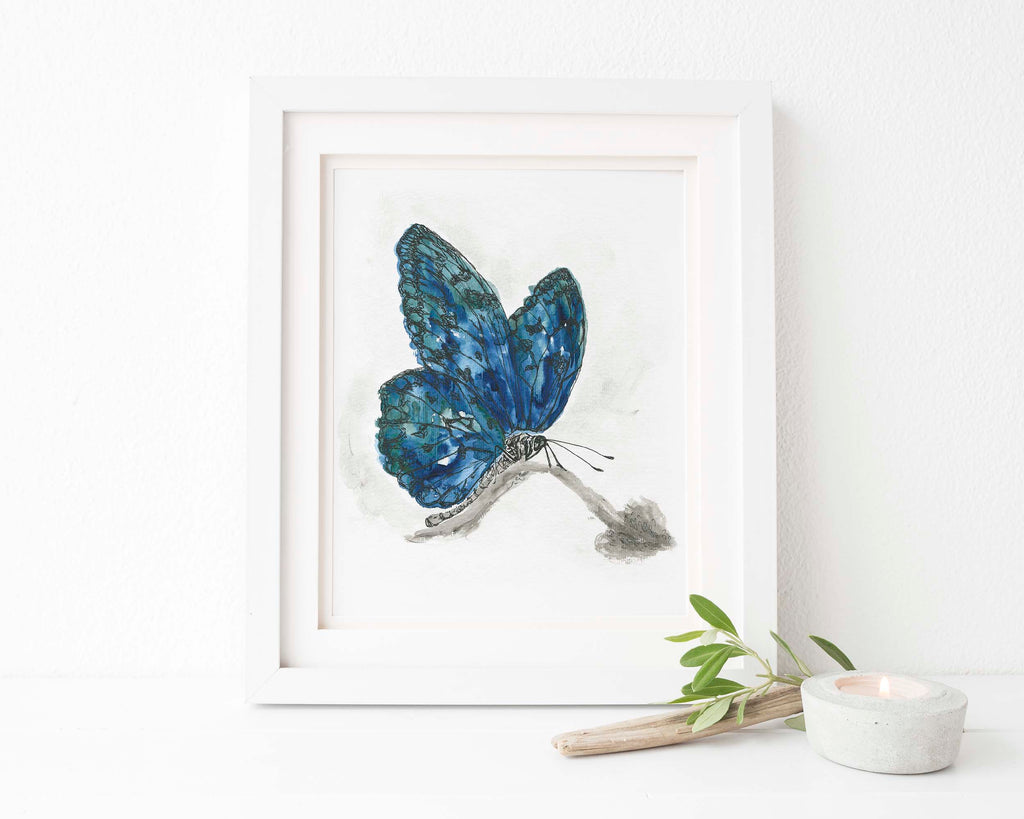 Butterfly Wall Art UK, Watercolour Butterfly Prints, Butterfly Art, Elegant blue butterfly watercolour wall decor
