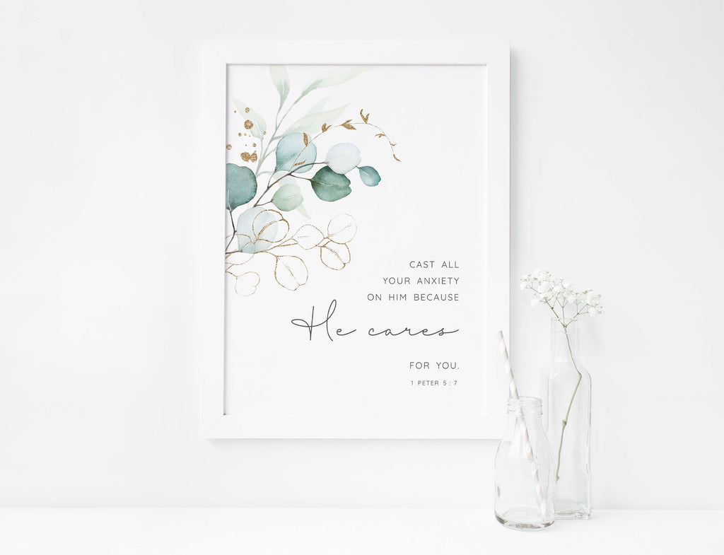 Anxiety Aids, Cast All Your Anxiety On Him Botanical Print, 1 Peter 5 7 Watercolor Bible Verse Wall Art, Letterbox Gift
