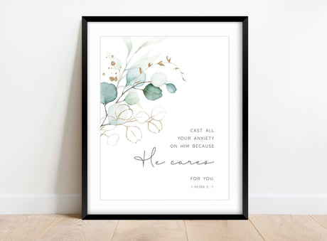 Green Eucalyptus Print Bible Verses, Christian Prints Kitchen Decor, New Modern Christian Art, Cast all your cares on him