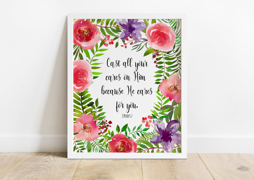 Cast All Your Cares On Him Picture Wall Art Print, 1 Peter 5 7 Wall Print, 1 Peter 5 7 Quote, 1 Peter 5 7 Printable