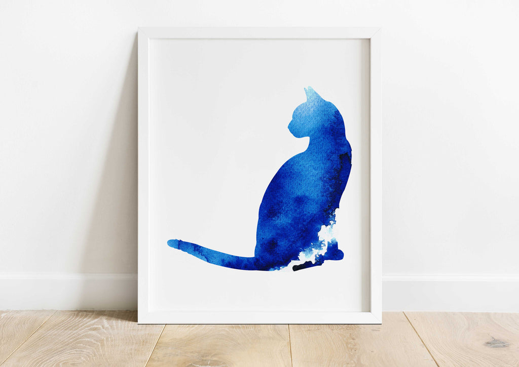 Indigo and blue abstract cat print wall art, Unique indigo and blue cat painting, Artistic indigo and blue cat decor