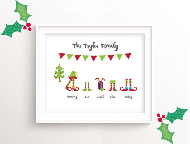 Elf Family Picture, Elf Family Wall Art, Personalised Christmas Art, personalised christmas wall art, Christmas Decor