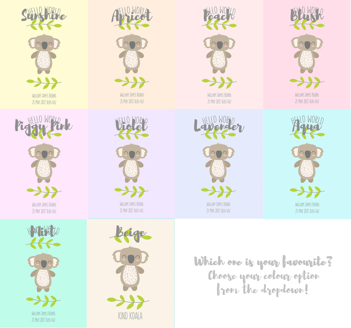 Koala Nursery Decor Wall Art Print - Colour Options