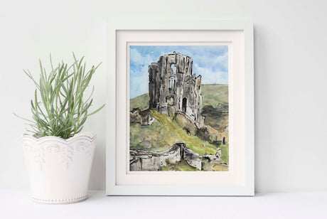 watercolour purbeck, purbeck watercolour, castle watercolour, castle ruins, dorset history, history dorset, corfe art prints