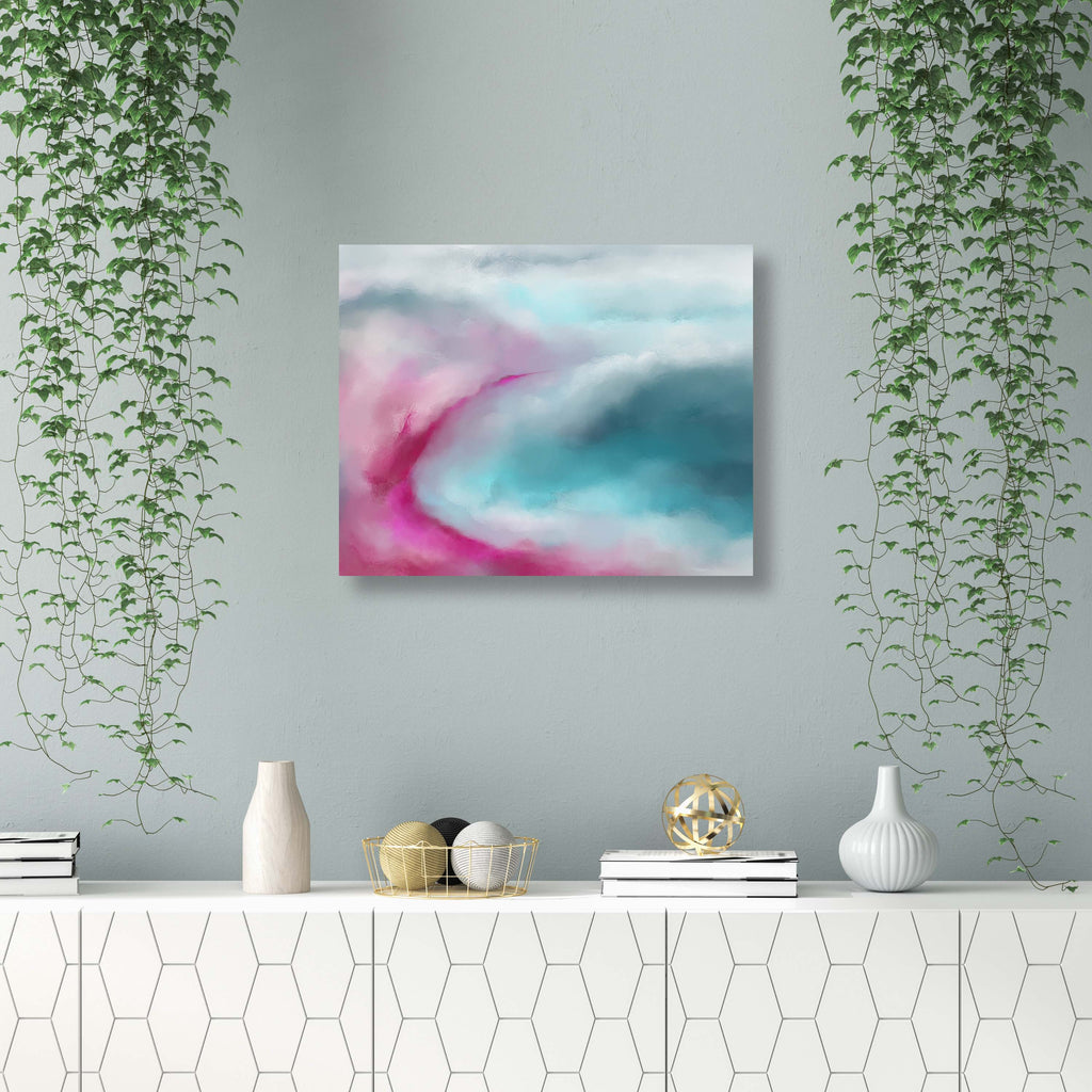 Abstract seascape print in teal and hot pink, Hot pink and teal abstract ocean painting, Bold teal and pink sea landscape art print