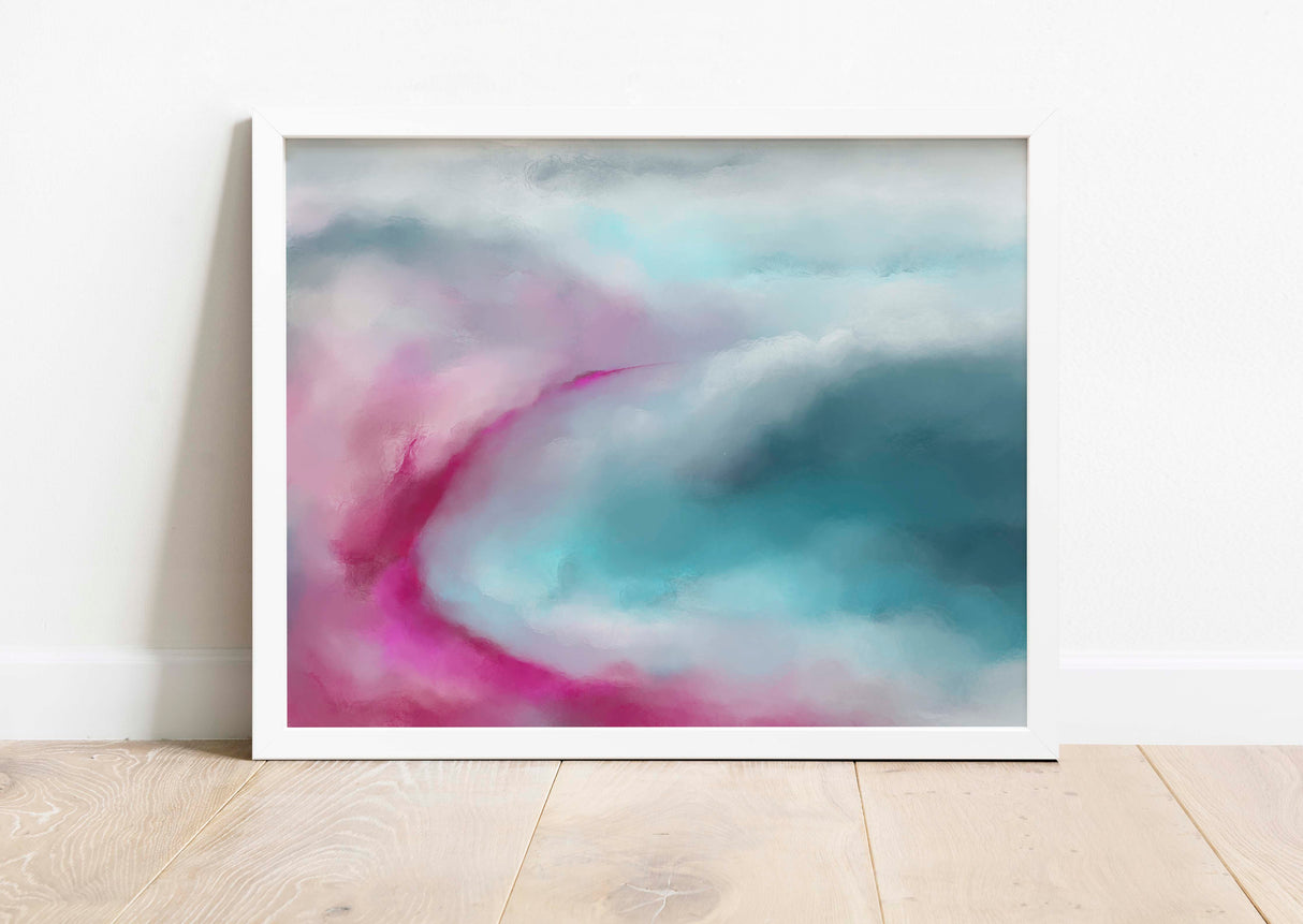 Contemporary Teal and Hot Pink Abstract Seascape Wall Art, Ocean Art, Teal and hot pink ocean art print, abstract wall art print