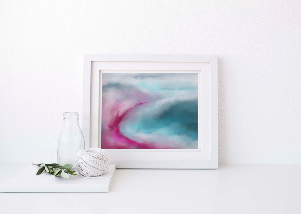 Modern teal and pink ocean wave artwork, Vibrant teal and hot pink sea horizon print, Teal and fuchsia abstract beach wall decor