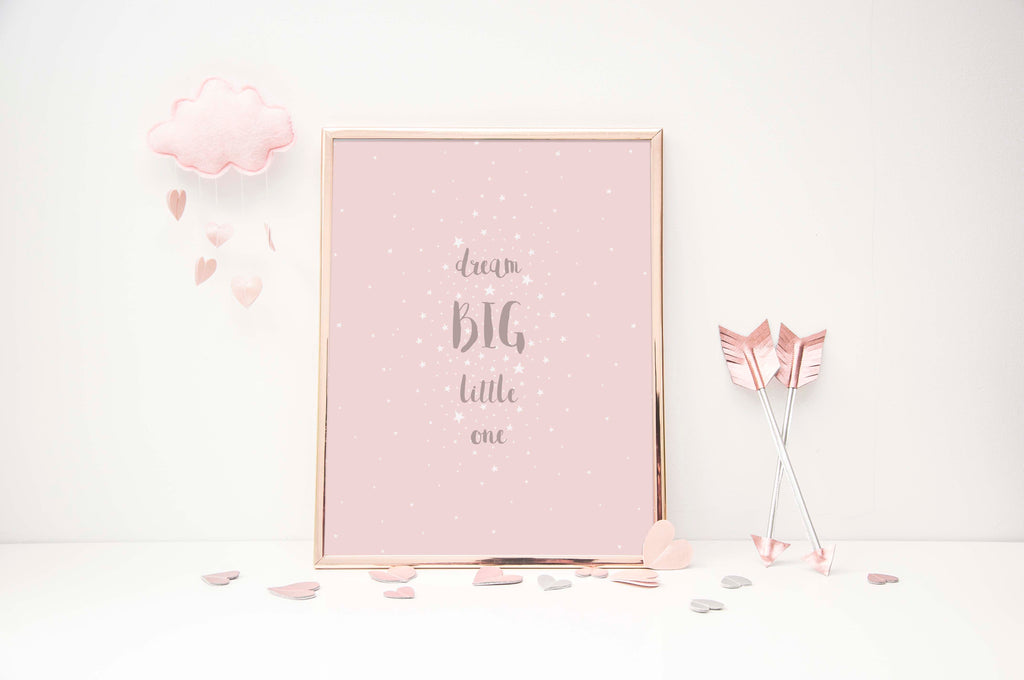 Pink dream big little one print UK, Dusky pink nursery wall art with stars, pink dream big little one poster