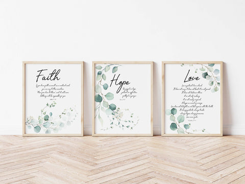 Botanical Bible Verse Faith Hope Love Prints, Eucalyptus Scripture Art ...