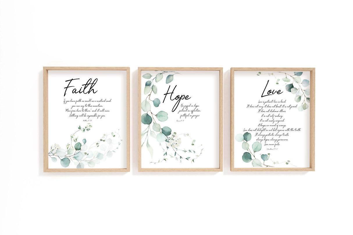 Bible Verse Botanical Wall Art Print Set of 3 Prints, Faith Hope Love, Bible Quotes, Religious Art, Eucalyptus Print