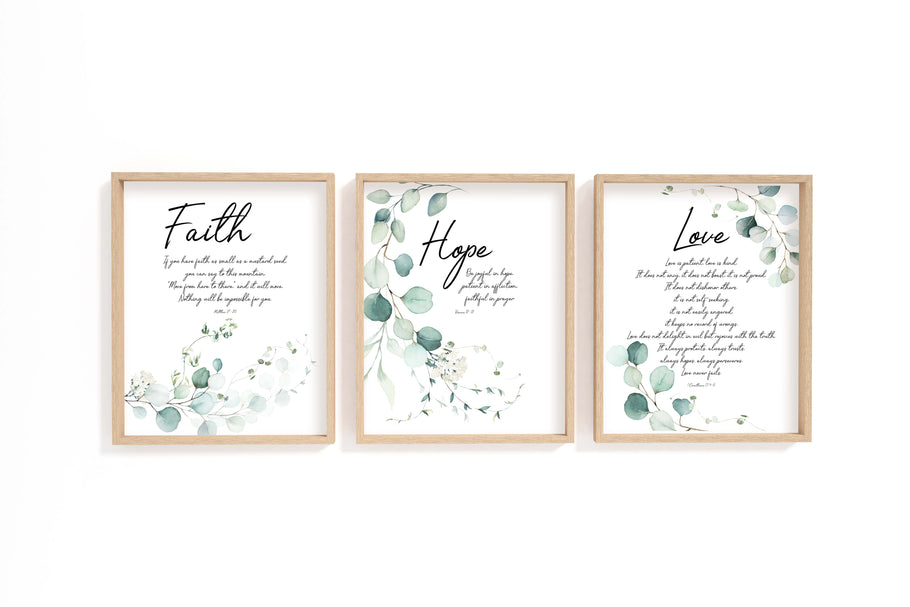 Botanical Bible Verse Faith Hope Love Prints, Eucalyptus Scripture Art ...