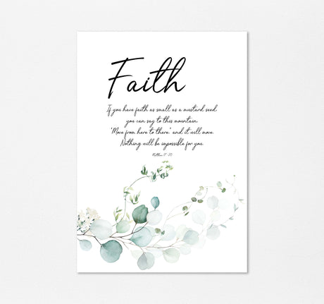 Elegant Christian wall decor print featuring Matthew 17:20 and botanical elements for peaceful home inspiration