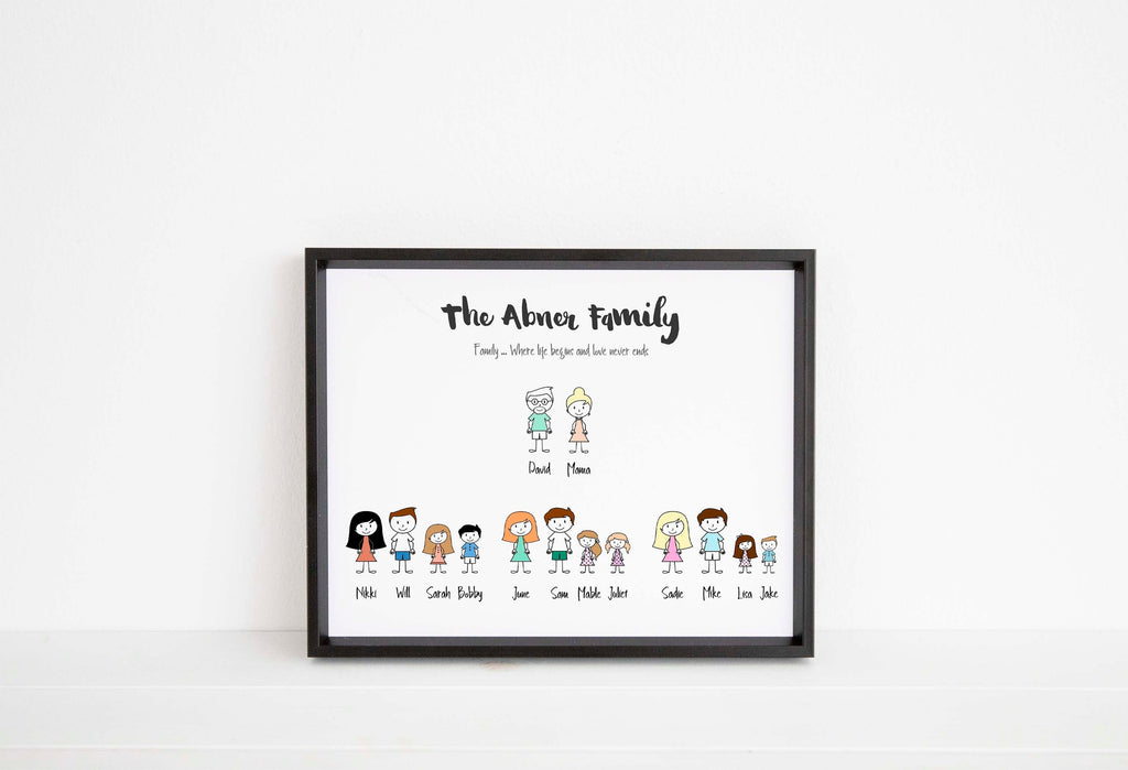 gift for granny, gift for grandad, extended family print, extended family wall art, cartoon family picture christmas, Personalised Family