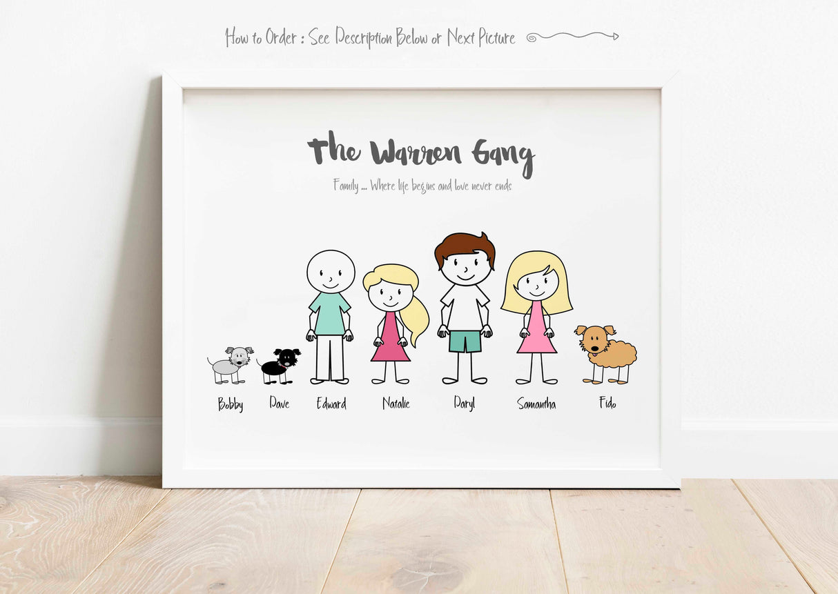 cartoon family picture, cartoon family print, cartoon family wall art, cartoon family portrait with pets, family print