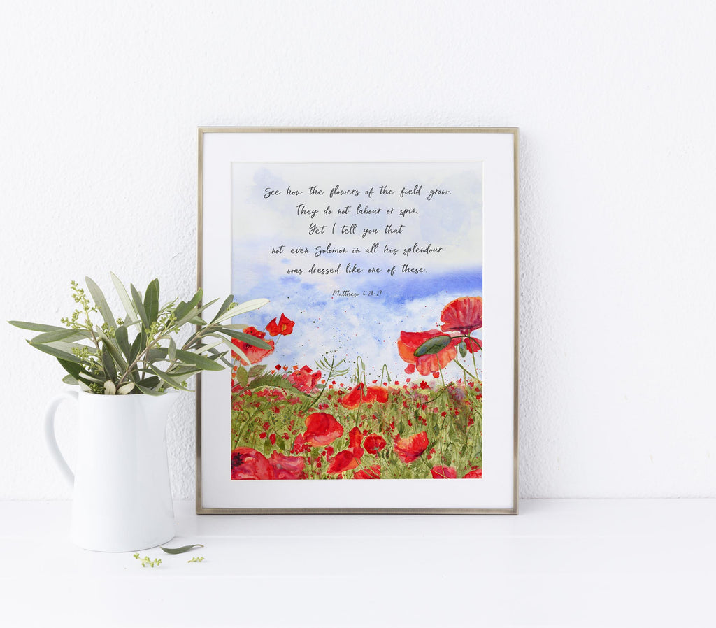 poppy scripture print, poppy field picture, see how the flowers picture, floral bible verses, pretty bible verse prints, flower bible verses