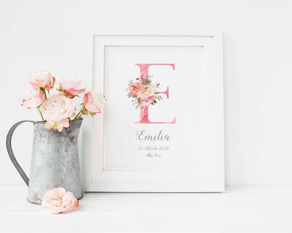 Floral Initial Print, Personalised Initial Letter Name Wall Art UK, Floral Letter Print for Nursery, Floral Letter Print