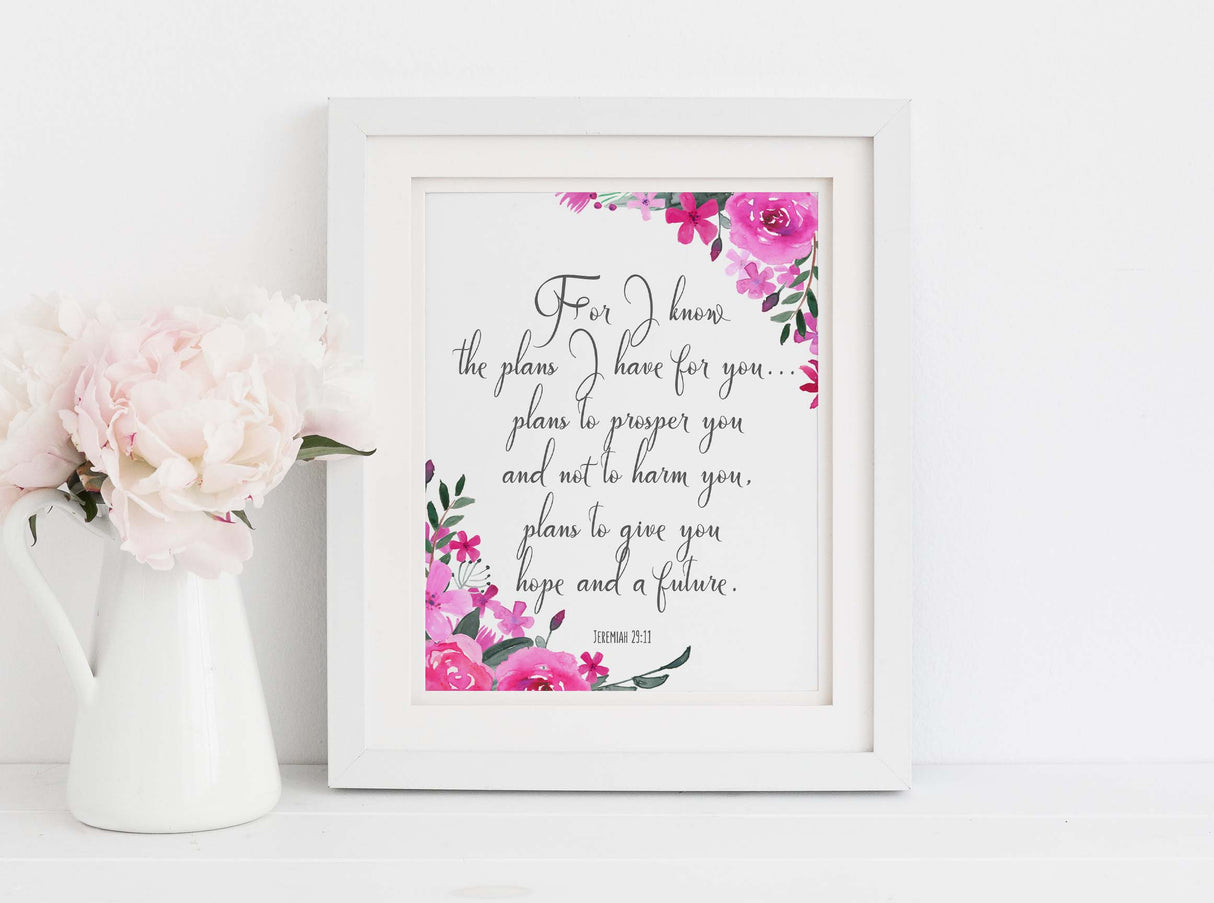 biblical wall art, jeremiah floral bible verses, jeremiah floral bible verses 29 11, Jeremiah 29 11 Print Gift Idea