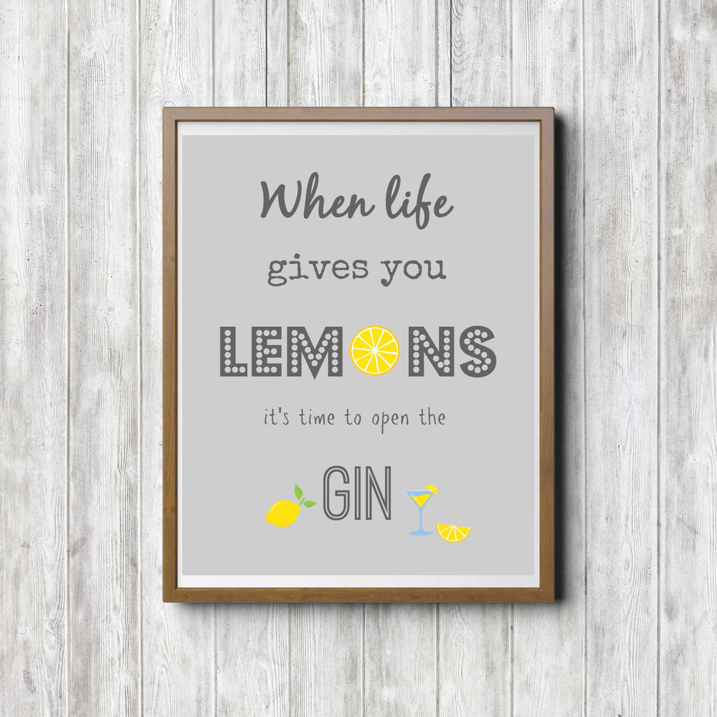 gin wall art print, gin and tonic wall art, gin prints, kitchen wall art, lemons wall art