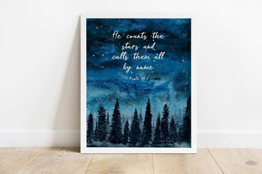 He Counts the Stars Wall Art Print Quote, Christian Decor for Home, He counts the stars print, He counts the stars art