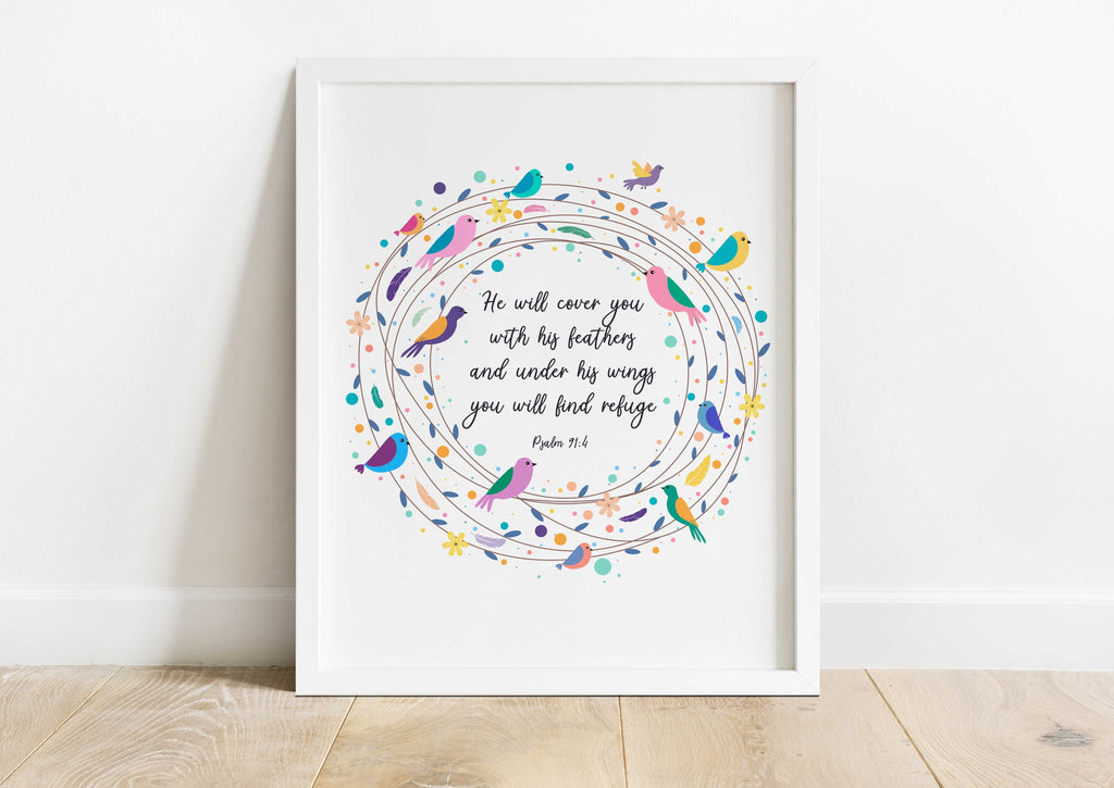 Psalm 91 Poster, He Will Cover You With His Feathers Bible Verse Art, He will cover you with his feathers picture, quote