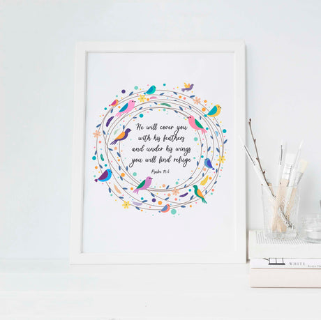 Psalm 91 Poster, He Will Cover You With His Feathers Bible Verse Art, Elegant Christian home decor poster with feathers / birds