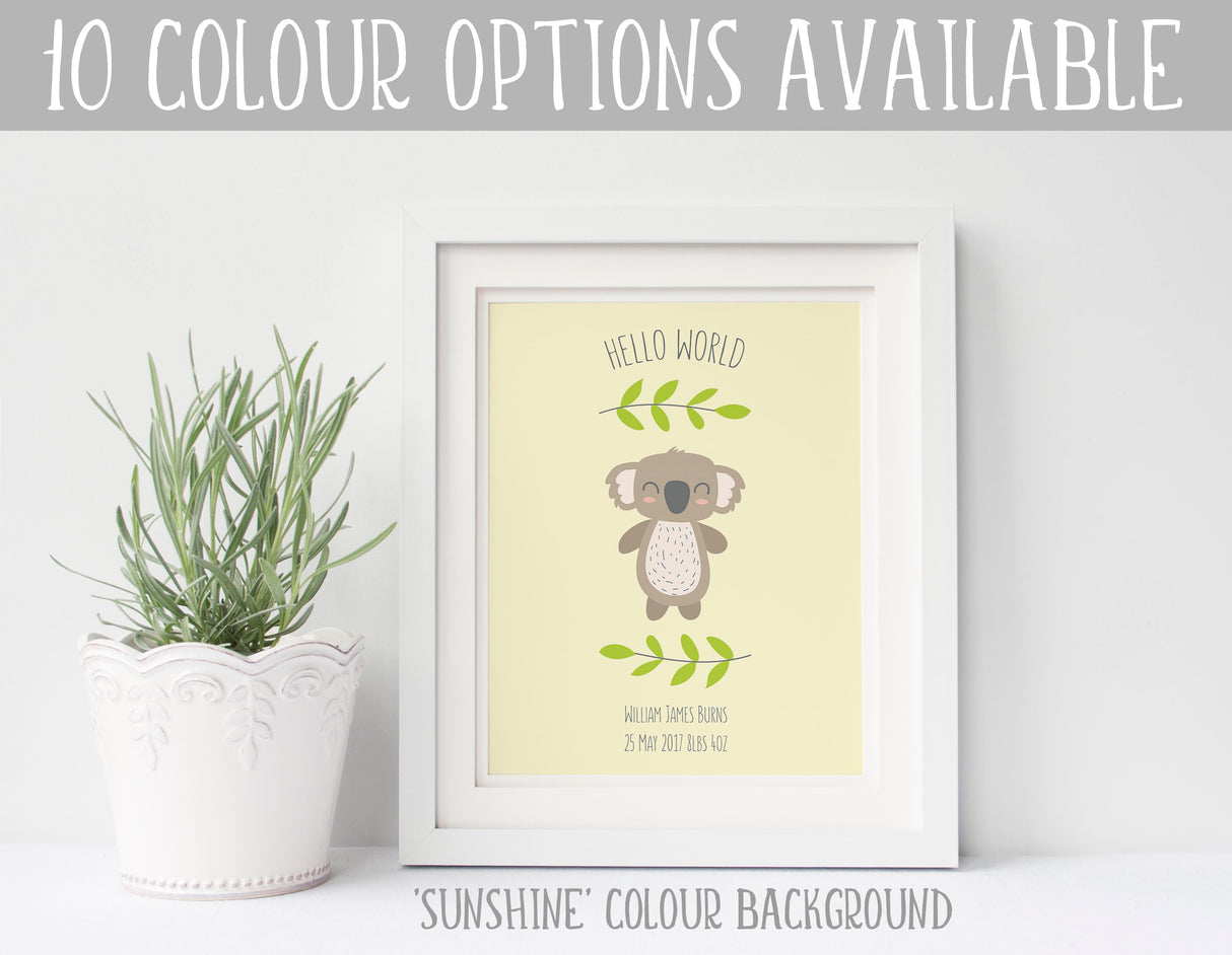 Koala Nursery Decor, Koala Nursery Print, Hello World Print for Nursery, Custom Nursery Prints, Koala Print, Koala Baby