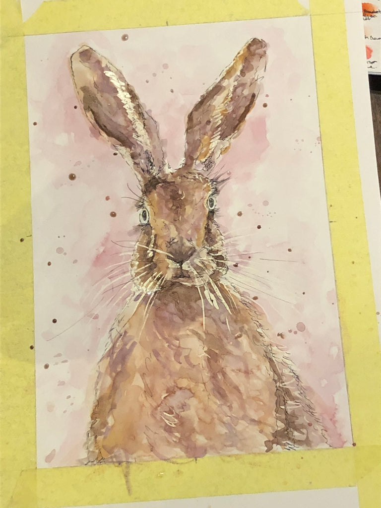 Intricate watercolour hare illustration, Contemporary watercolour hare wall decor, Muted colour palette hare print for bedroom